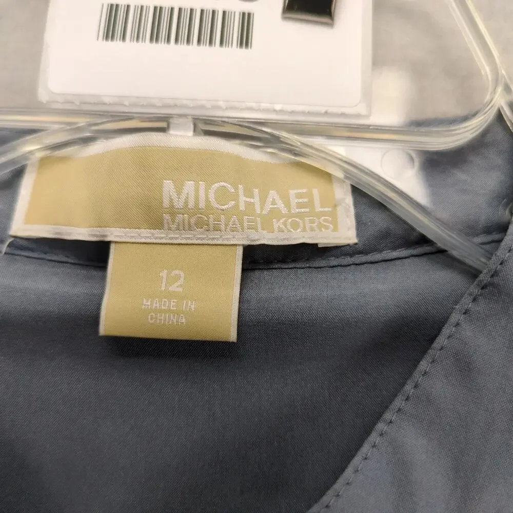 Michael Kors 100%‎ Silk Gray Pleated Blouse Women's 12 Keyhole Neck Long Sleeve